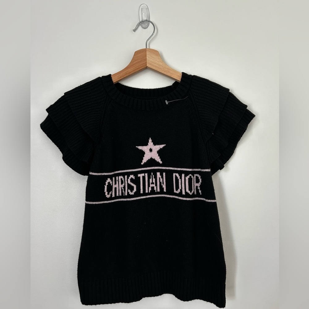 Christian Dior Cashmere/Virgin Wool Ruffled Short Sleeve Sweater Black Size 6